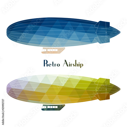 Vector blimp retro aircraft flying with white background. Retro airship dirigible balloon flight, flat design, side view.