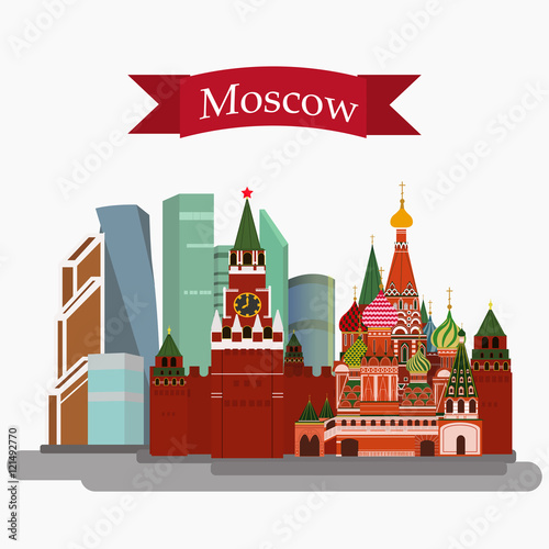 Vector illustration of Sain Basil's Cathedral, Kremlin and Mosco