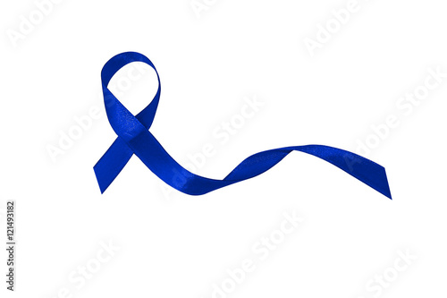 Dark blue ribbon awareness. Symbolic concept of concern awareness campaign to help people living W/ the disease is cancer of the rectum. Dark blue ribbon isolated on white background. photo