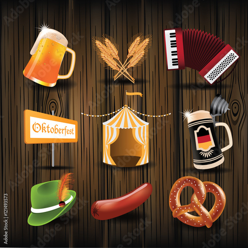 Oktoberfest icon set with sausage, pretzel and beer. EPS 10 vector.