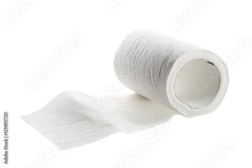 toilet paper roll half rolled out isolated on a white background