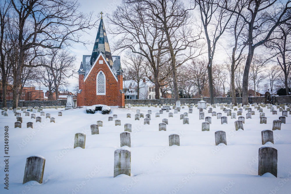 Snow covered cemetary at the National Shrine of Saint Elizabeth