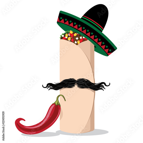 
Flat design burrito wearing a sombrero and mustache. EPS 10 vector.