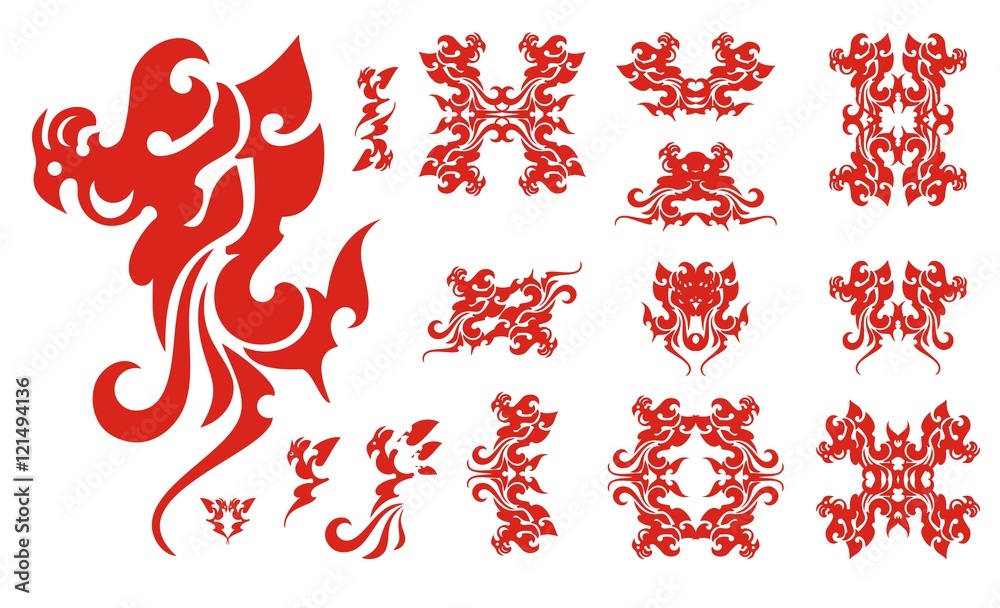 Flaming phoenix symbols. The stylized Phoenix set in red and white ...