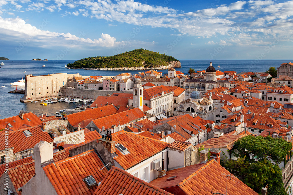 Old Town and Island of Lokrum at sunset, Dubrovnik, Dalmatia, Croatia