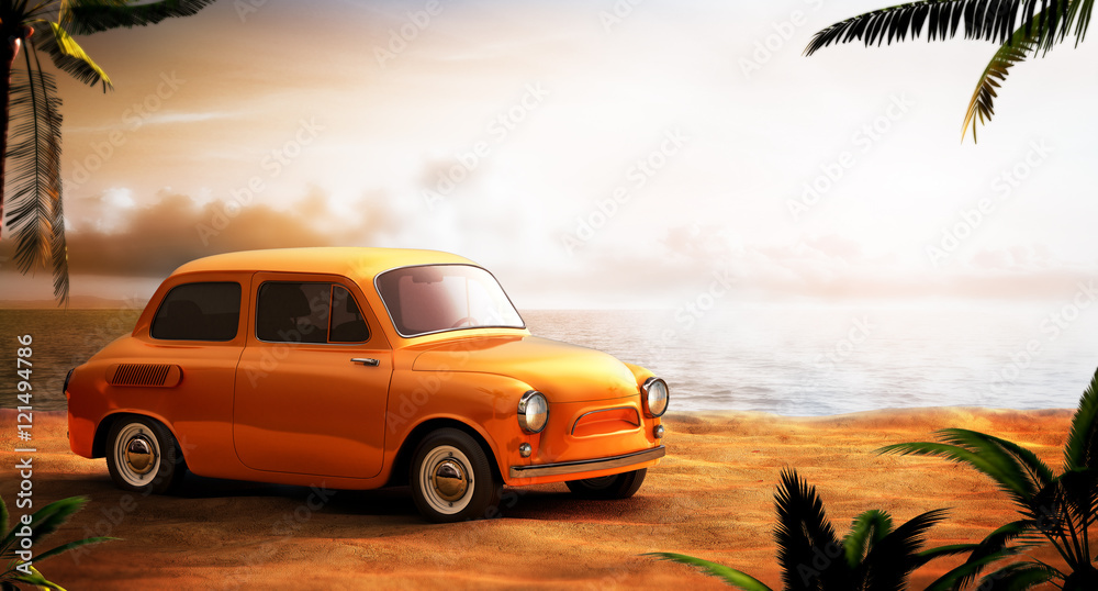 Retro car on a beach at beautiful sunset. Out of town.3D illustr
