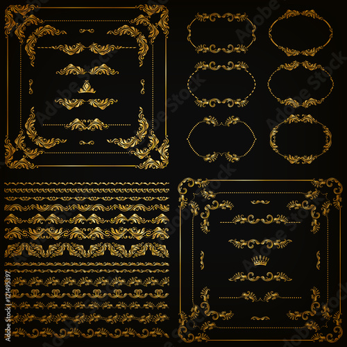 Set of gold decorative hand-drawn floral element, corner, seamless borders, frames, filigree dividers, crown on black background. Page, web site decoration in vintage style. Vector illustration EPS 10