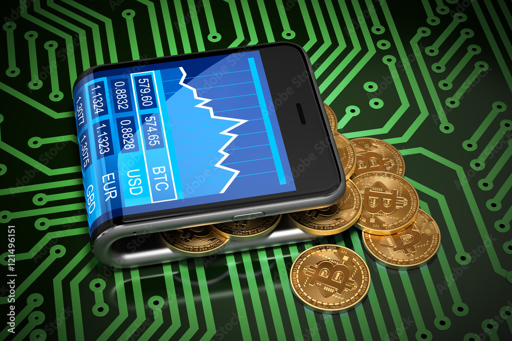 Concept Of Virtual Wallet And Bitcoins On Green Printed Circuit Board Concept Of Virtual Wallet And Bitcoins On Green Printed Circuit Board