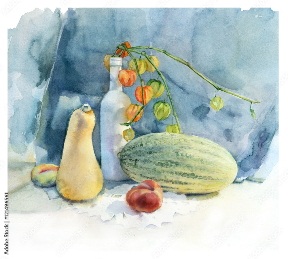 Fototapeta premium Watercolor painting. Still life with fruit. Yellow pumpkin, physalis, peaches and melon.