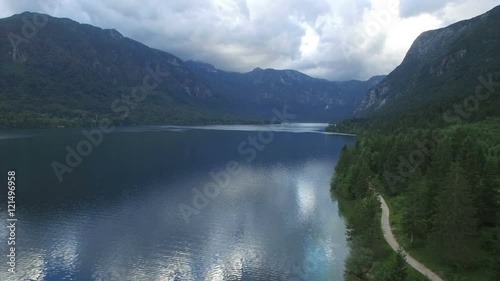 AERIAL VIEW: flight over Trigav National Park. Slovenia.Bohinj lake, Julian alps photo