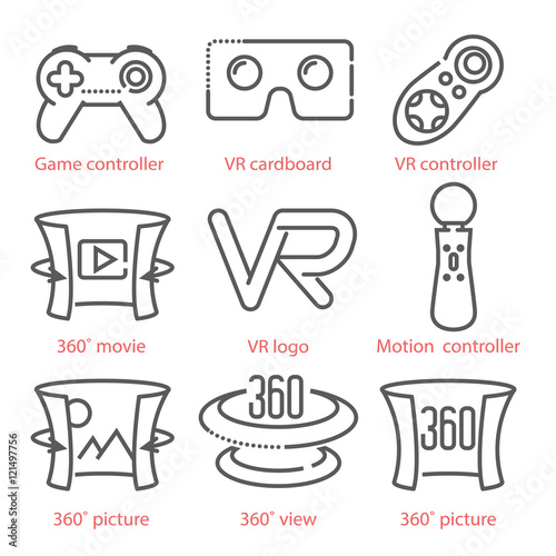 Vector thin line icons set with Virtual Reality equipment and signs for infographics  UX UI kit  web design and more.