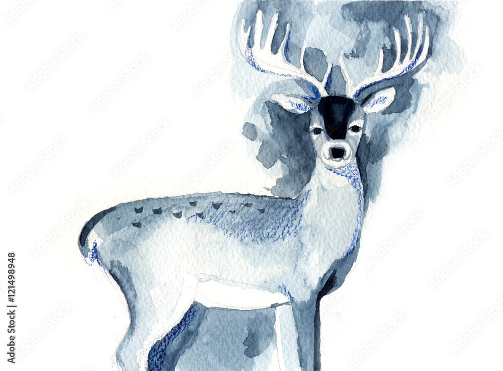 Fototapeta premium Watercolor sketch of the beautiful blue deer on a white background. Hand drawn. 