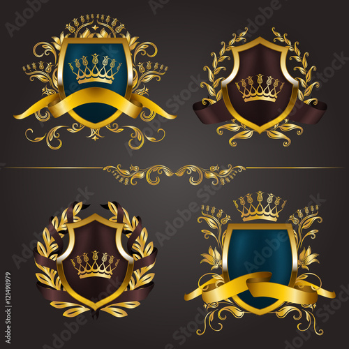 Set of golden royal shields with floral elements, ribbons, laurel wreaths for page, web design. Old frame, border, crown, divider in vintage style for label, emblem, badge, logo. Illustration EPS10