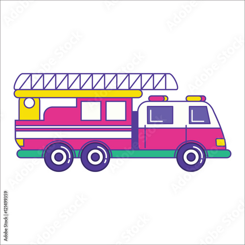 Fire truck icon in trendy flat line style. Bright firefighting v