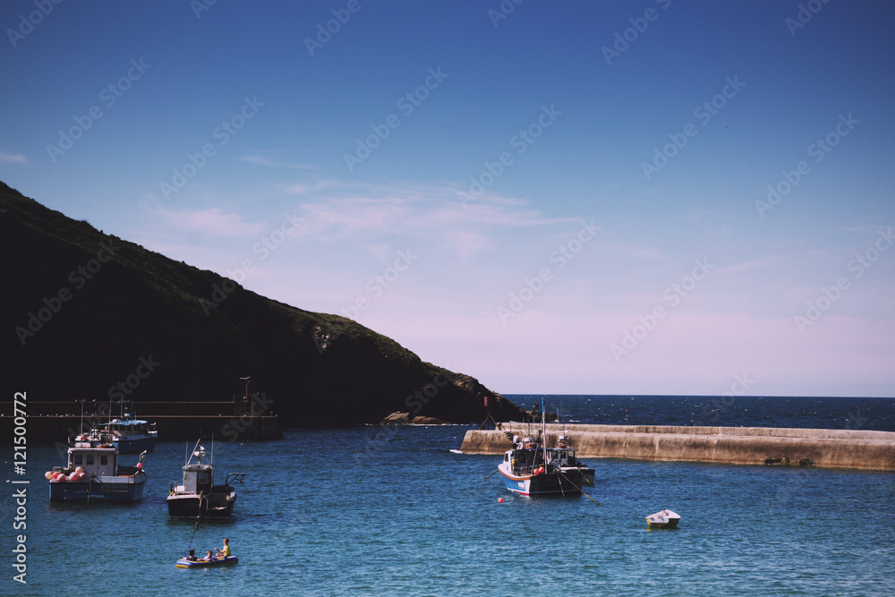 View of the harbour at Port Issac Vintage Retro Filter.
