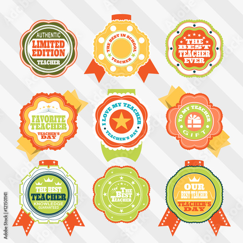Vector set of isolated labels to the World teacher's day against the background of striped.