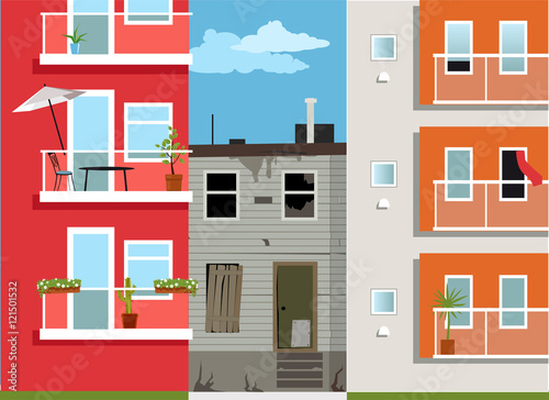 Old derelict house stuck between two new modern apartment building, EPS 8 vector illustration