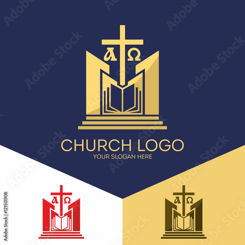 Church logo. Christian symbols. The Bible, the cross of Jesus, the Creator of the earth, alpha and omega.