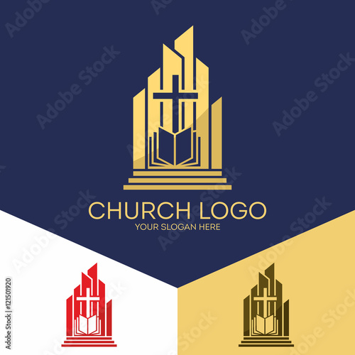 Church logo. Christian symbols. The cross of Jesus Christ, the Holy Bible.