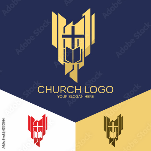 Church logo. Christian symbols. The cross of Jesus Christ, the Holy Bible.