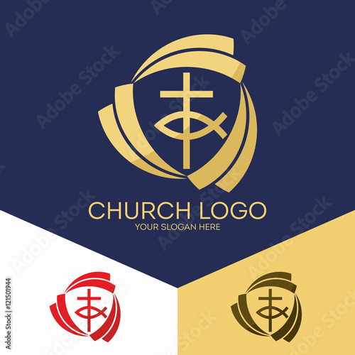 Church logo. Christian symbols. Trinity, the cross and Jesus fish.