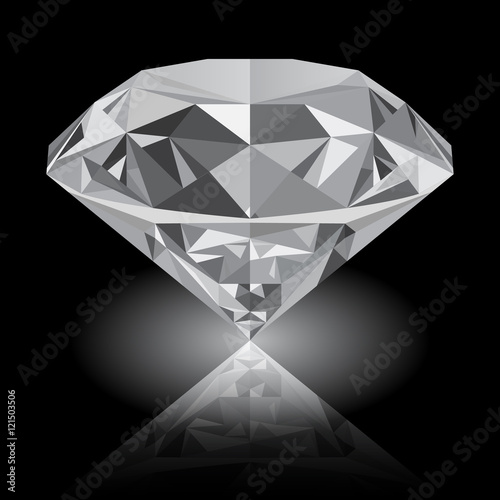 Realistic shining gray diamond jewel with reflection and white glow isolated on black background. Gemstone that can be used as part of logo, icon, web decor or other design.