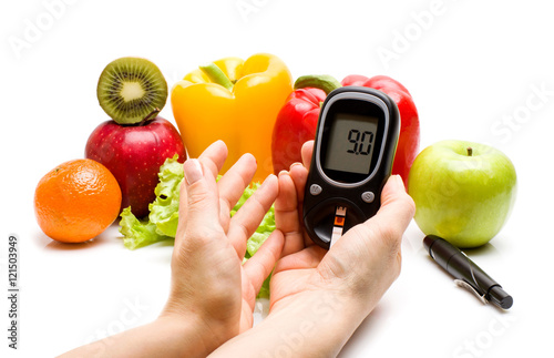 Glucometer. fresh fruits, concept for diabetes, slimming, healthy nutrition and strengthening immunity