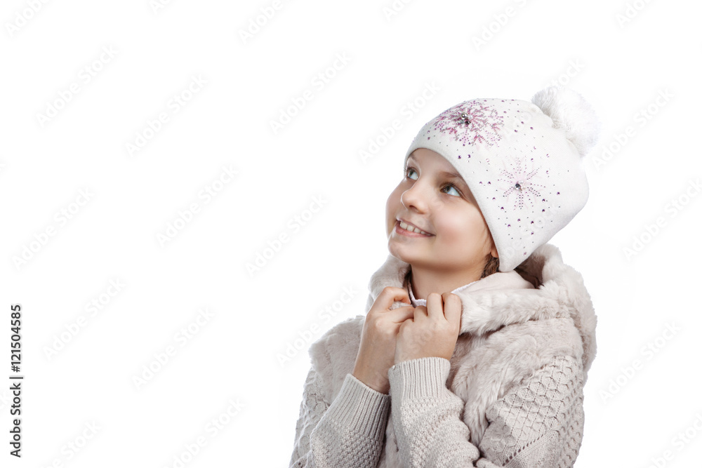 cute little girl in warm clothes on white background cute little girl in warm clothes on white background