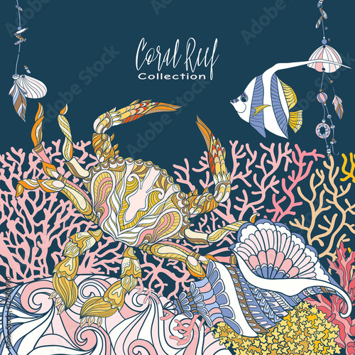 Coral reef collection. Underwater world. corals and fish.