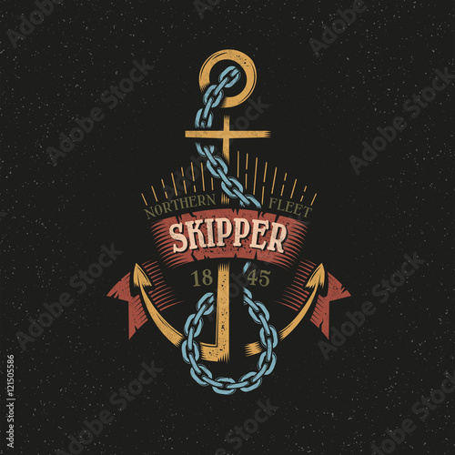 Color logo, emblem with anchor in a vintage retro style. Textures, background on separate layers.