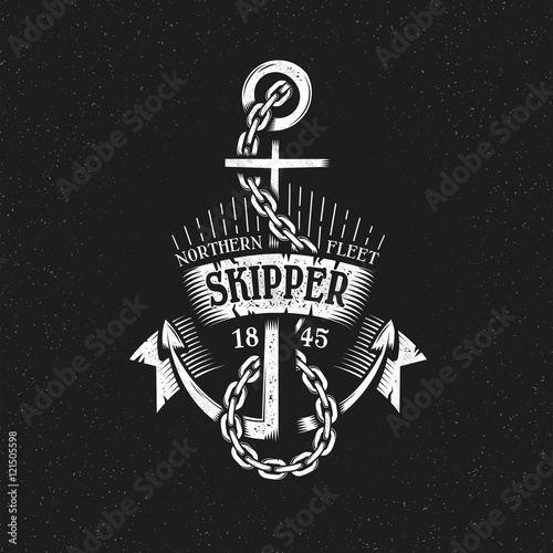 Vintage retro anchor with chain and ribbon grungy style on a black background. Marine logo vector illustration. Textures, text, background on separate layers.