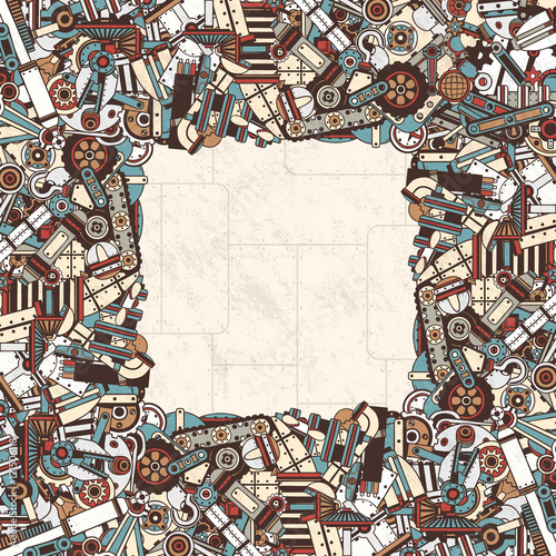 Frame of scrap metal, car parts, devices components. Details in clipping mask - can be removed and permuted. Textures and background on separate layers.