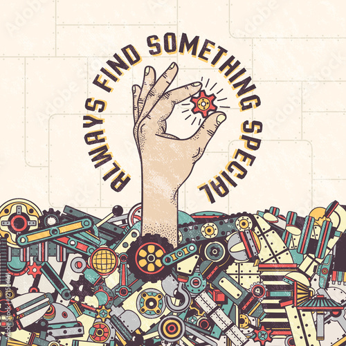 Poster Template - hand holding a small detail sticking out of the pile of spare parts. Text, texture, background on separate layers. Machinery elements in clipping mask - can be extracted and moved.