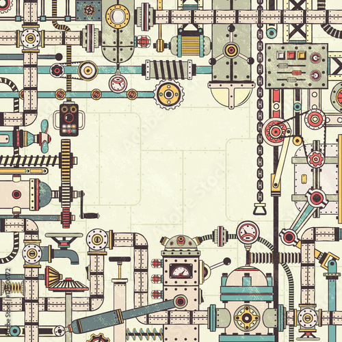 Frame of the machine parts, assemblies, devices, interlocking pipes. Retro texture, mechanisms, background on separate layers.