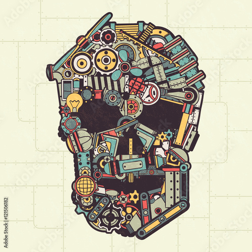 Skull made from a variety of machinery parts, appliances, pipes, machinery. Vector illustration. All elements are drawn separately. Texture on a separate layer.