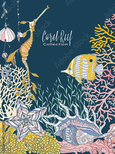 Coral reef collection. Underwater world. corals and fish.