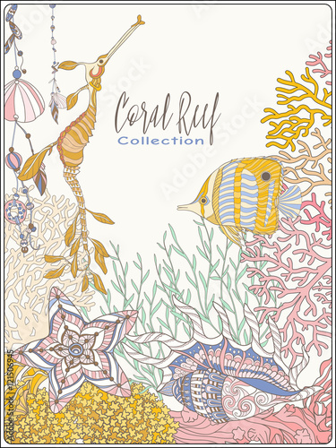 Coral reef collection. Corals and fish.