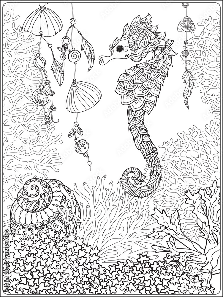 Fototapeta premium Coral reef collection. Anti stress coloring book for adult and. Outline drawing coloring page.