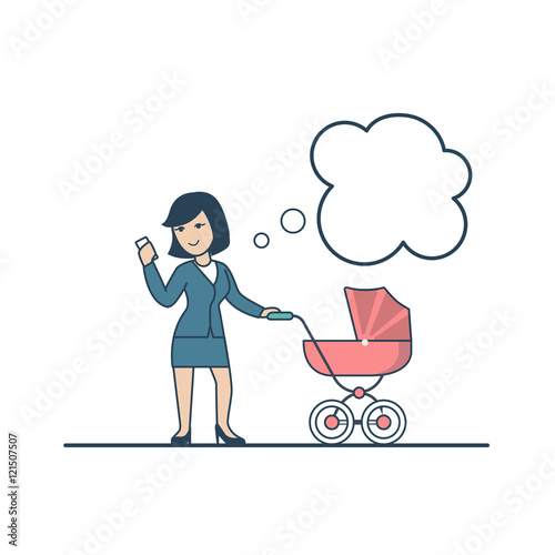 Linear Flat Businesswoman pram look smartphone and dreaming vector illustration