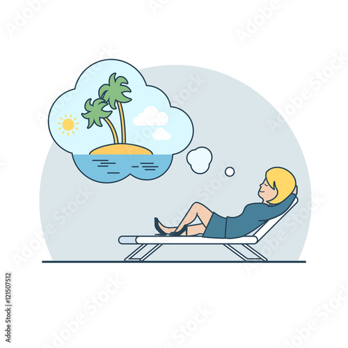 Linear Flat Woman dream vacation island vector Business overwork