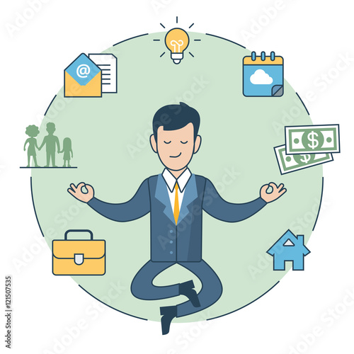 Linear Flat man levitate Zen house family money vector Values