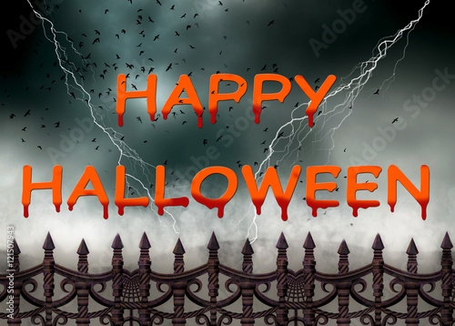 Happy Halloween with lightning, ravens flying on a blustery night, and an old iron fence in the foreground