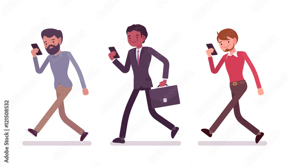 Three men are walking holding a smartphone. Cartoon vector flat-style illustration