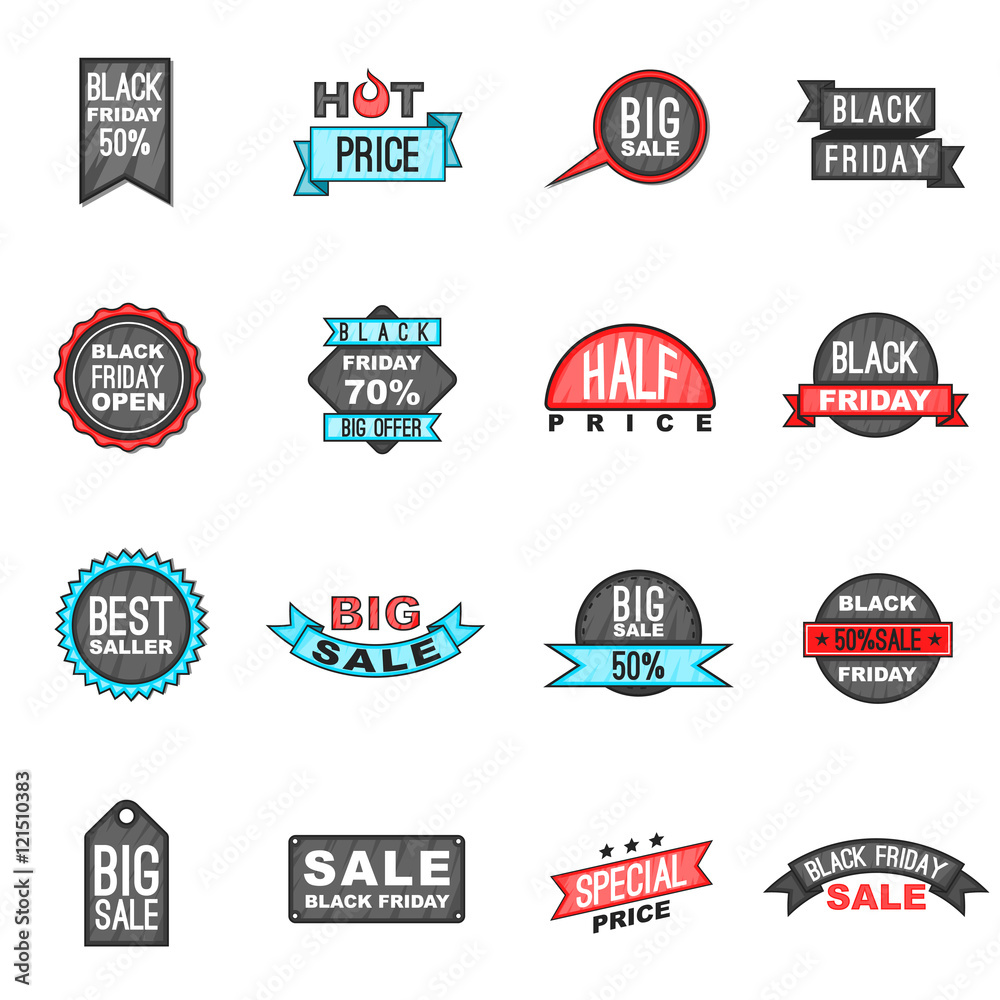 Black Friday icons set in cartoon style. Black Friday labels and badges set collection vector illustration Black Friday icons set in cartoon style. Black Friday labels and badges set collection vector illustration