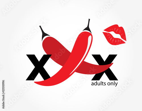 Red hot chili peppers with lips mark and xxx adults only text vector. Red lips sexy illustration icon.