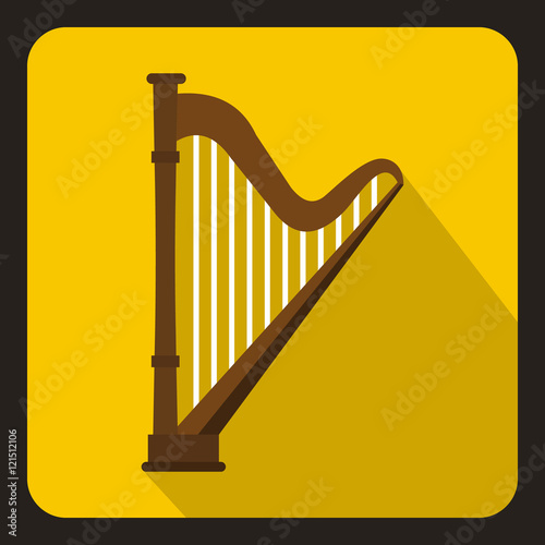 Harp icon in flat style with long shadow. Musical instrument symbol vector illustration
