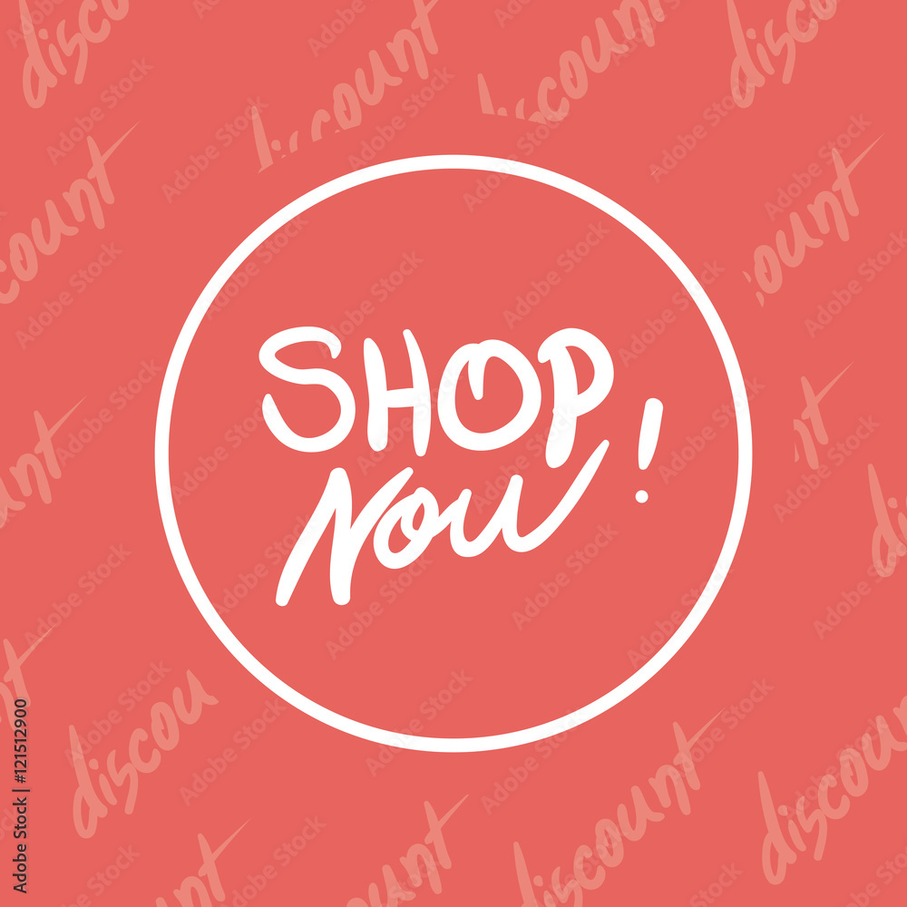shop now hand written illustration in white and red color backdr