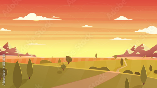 Sunset landscape Cartoon vector illustration
