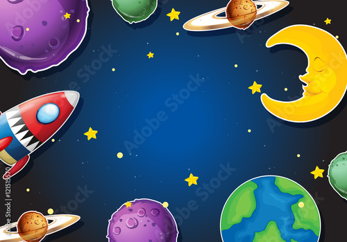 Background design with rocket and planets