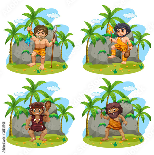Many cavemen with different weapons